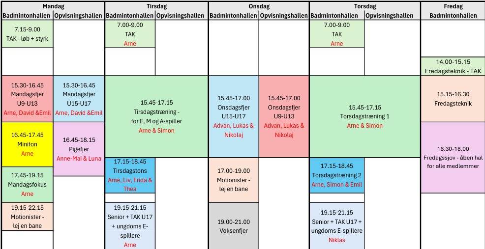 Oversigt over træningstider 26/27